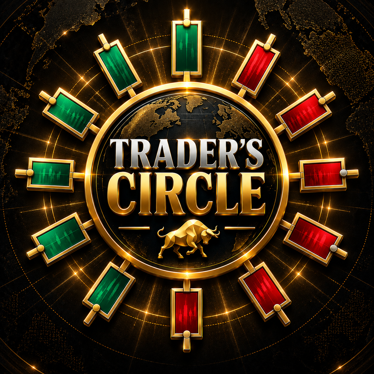 Gold and black Trader Circle emblem with candlesticks